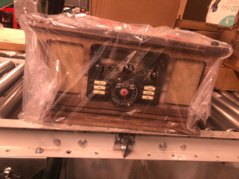 Photo 1 of Victrola Nostalgic 6-in-1 Bluetooth Record Player & Multimedia Center & Cassette Player, AM/FM Radio | Wireless Music Streaming | Farmhouse Shiplap Grey & Wooden Record Crate, Wood Color Farmhouse Shiplap Grey Entertainment Center + Record