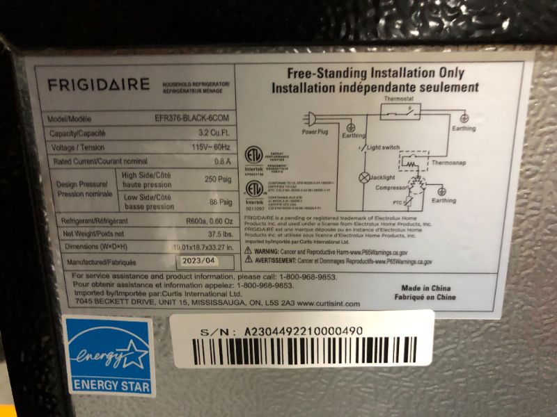 Photo 9 of ***DAMAGED - NONFUNCTIONAL - SEE NOTES***
FRIGIDAIRE EFR376-BLACK 3.1 Cu Ft Black Retro Bar Fridge with Side Bottle Opener BLACK