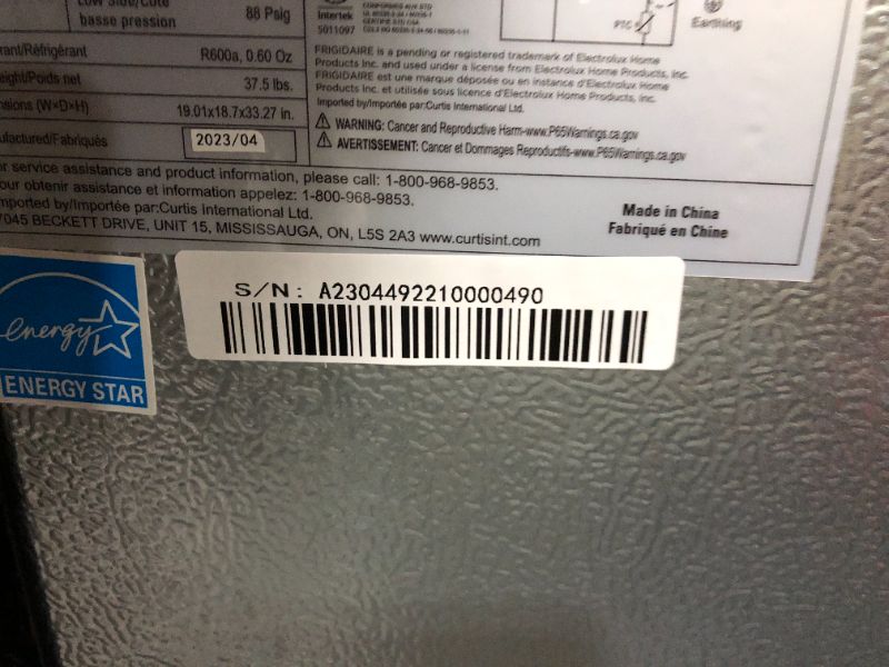 Photo 10 of ***DAMAGED - NONFUNCTIONAL - SEE NOTES***
FRIGIDAIRE EFR376-BLACK 3.1 Cu Ft Black Retro Bar Fridge with Side Bottle Opener BLACK