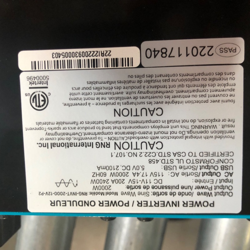 Photo 4 of ***BLACK AND RED CABLES MISSING - UNABLE TO TEST***
Renogy 2000W Pure Sine Wave Inverter 12V DC to 120V AC Converter