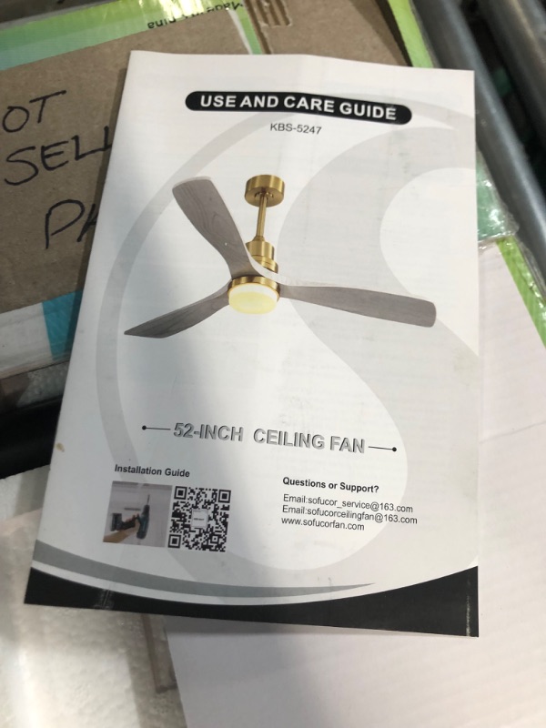 Photo 4 of * incomplete * sold for parts * 
Sofucor 52 Inch Wood Ceiling Fan with Lights Remote Control 3 Wood Fan Blade Ceiling Fans 