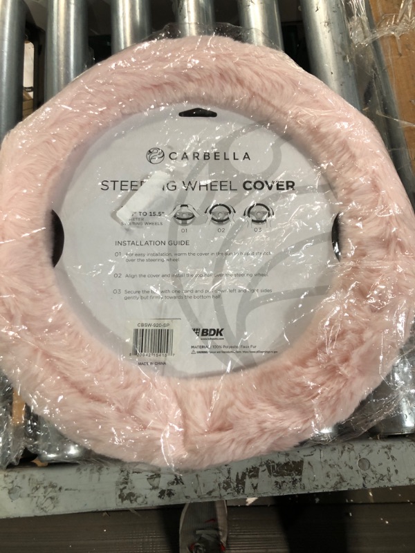 Photo 3 of Carbella Soft Pink Fuzzy Steering Wheel Cover, Standard 15 Inch Size Fits Most Vehicles,