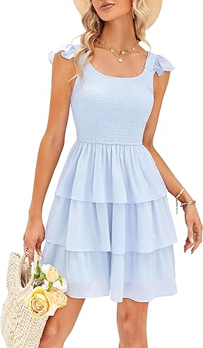 Photo 1 of AMIMIV Womens 2023 Summer Flutter Sleeve Babydoll Dress Boho Ruffle Tiered Smocked A Line Swing Beach Mini Dresses