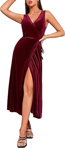 Photo 1 of AMIMIV Womens 2023 Velvet Sexy Sleeveless Wrap Long Cocktail Dress Formal V Neck Slit Prom Maxi Dresses (XL)