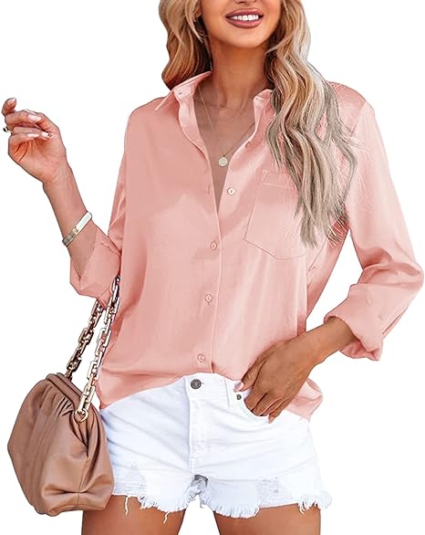 Photo 1 of Foshow Women's Button Down Satin V Neck Shirts Silky Long Sleeve Office Work Blouse Business Plain Tops with Pocket