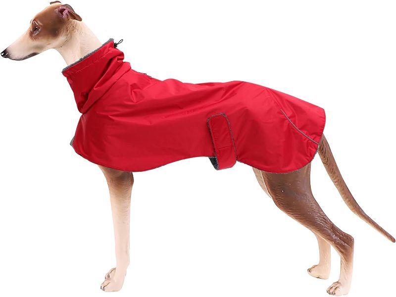 Photo 1 of Greyhound Lurcher Winter Coat, Whippet Coat with Padded Fleece, Waterproof Dog Jacket with Adjustable Bands and Zipper Harness Hole - Red - XXLarge