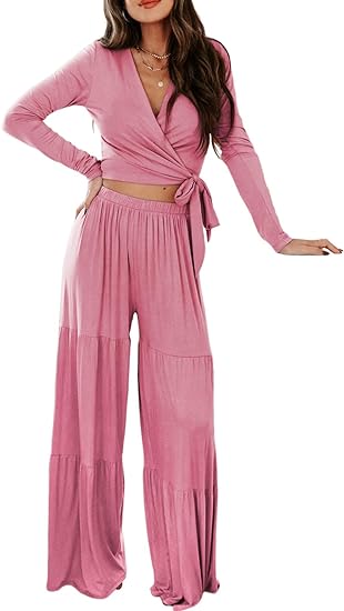 Photo 1 of Dokotoo Women's Two Piece Lounge Set Long Sleeve Wrap Tie Knot Crop Top and Wide Leg Palazzo Pants Casual Outfits Sweatsuit Small Pink