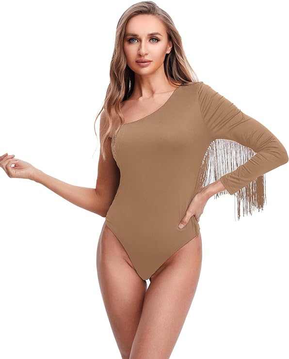 Photo 1 of Milumia Women's One Shoulder Bodysuit Fringe Trim Long Sleeve One Piece Top (medium)