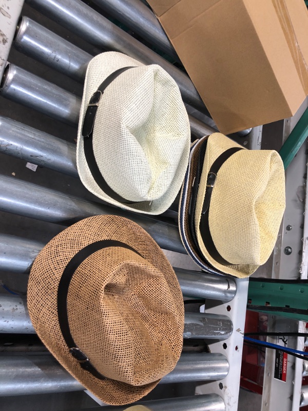 Photo 2 of DAMAGED - 8 Pack Panama Trilby Fedora Straw Sun Hat with Leather Belt Straw Fedora 