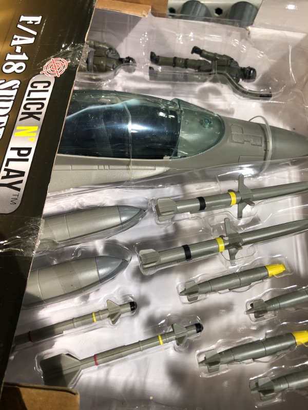 Photo 2 of **SEE NOTES**
Click N’ Play Military Air Force F/A 18 Super Hornet Fighter Jet, 16 Piece Play Set with Accessories - Army Action Figures, Missiles, and More, Toy Jets for Boys 6+