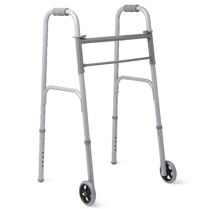 Photo 1 of (READ NOTES) Medline MDS86410W54BH Easy Care Two-Button Folding Walker with 5" Wheels
