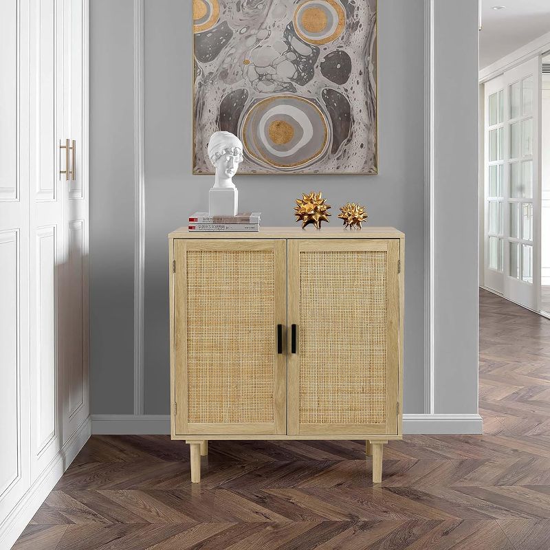 Photo 3 of (READ NOTES) Finnhomy Sideboard Buffet Cabinet, Kitchen Storage Cabinet with Rattan Decorated Doors, Liquor Cabinet, Dining Room, Hallway, Cupboard Console Table, Accent Cabinet, 31.5X 15.8X 34.6 Inches, Natural Natural, Wood