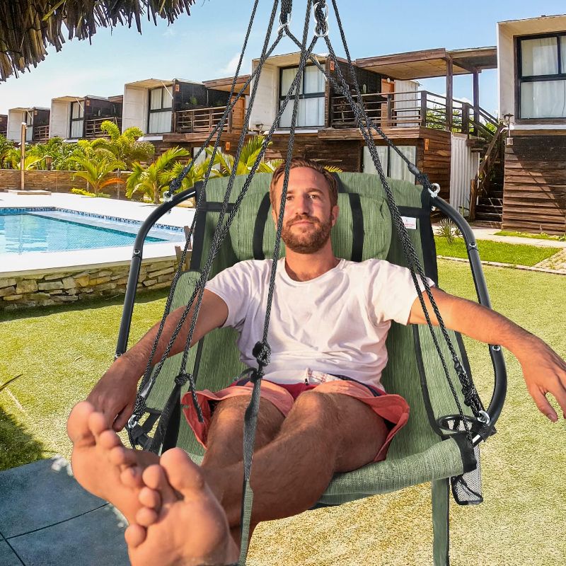Photo 3 of (READ NOTES) Bathonly Hammock Chair with Foot Rest, Sky Chair with Metal Bar, Hanging Chair Outdoor with Side Pouch, Supportive Pillow, Max 330 LBS Capacity, Green Ar-green