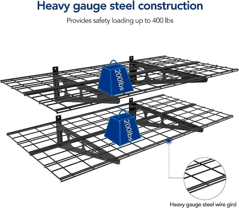 Photo 3 of (READ NOTES) FLEXIMOUNTS 2 tier 2-Pack 2x4ft 24-inch-by-48-inch Wall Shelf Garage Storage Rack Wall Mounted Floating Shelves, Black 2x4 ft Black