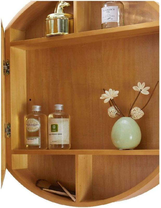 Photo 4 of (READ NOTES) SDK Round Bathroom Mirror Cabinet, Bathroom Wall Storage Cabinet Mirror Medicine Cabinet with Slow-Close Wooden Frame 3 Level (Color : Wood Color, Size : 50CM) 50CMx 50CM Wood