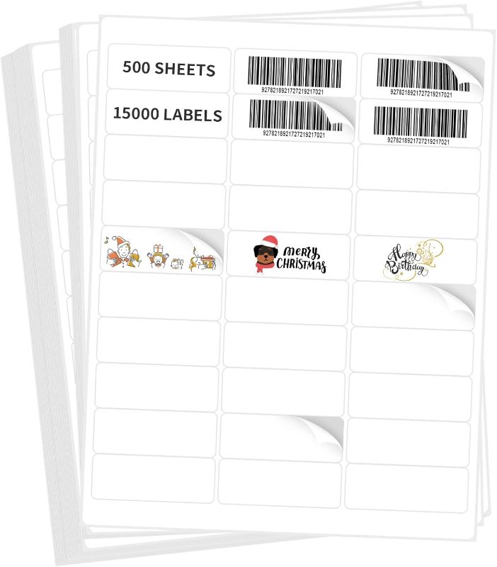 Photo 1 of L LIKED 1" X 2-5/8" Self Adhesive Shipping Labels for Laser & Inkjet Printers, Barcode Mailing SKU Labels 30-up (15,000 Labels - 500 Sheets)