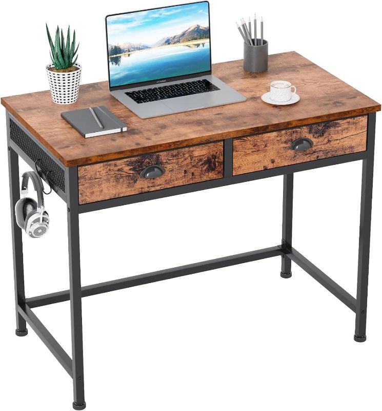 Photo 1 of Furologee Computer Desk with 2 Fabric Drawers, Rustic Brown
