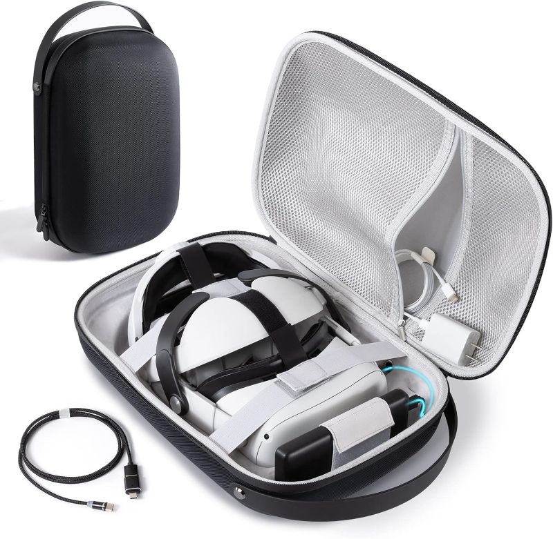 Photo 1 of CoBak Hard Carrying Case for Meta Oculus Quest 2 - Magnetic Charging, Multiple Compartments for Basic/Elite Version VR Headset, Controllers and Accessories - Travel with Power and Protection Black