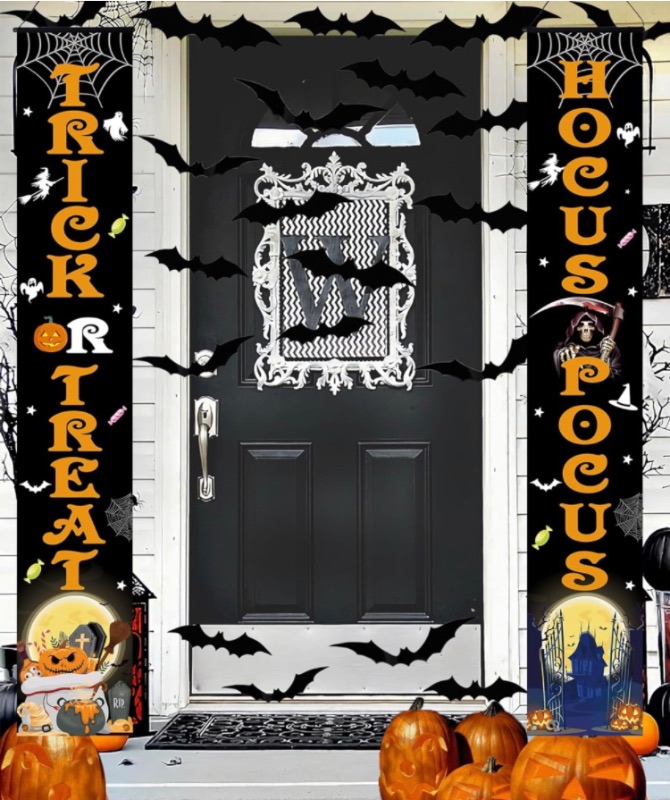 Photo 2 of 30 PCS Halloween Decorations Outdoor Set - 2 PCS Halloween Signs for Front Door Decoration, 28 PCS 3D Black Bats Halloween Wall Stickers, Halloween Porch Decor Banners - Trick Or Treat Hocus Pocus - Outside Yard Party Supplies, Hocus Pocus