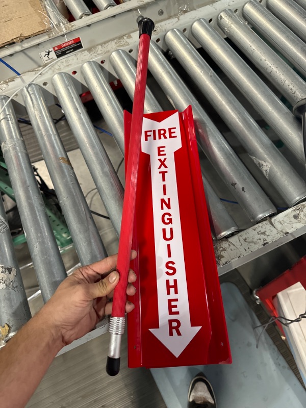 Photo 1 of SmartSign “Fire Extinguisher” Projecting Sign, Fire Extinguisher with Arrow | 4" x 18" Polished Acrylic White on Red Acrylic