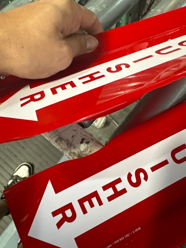 Photo 1 of SmartSign “Fire Extinguisher” Projecting Sign, Fire Extinguisher with Arrow | 4" x 18" Polished Acrylic White on Red Acrylic