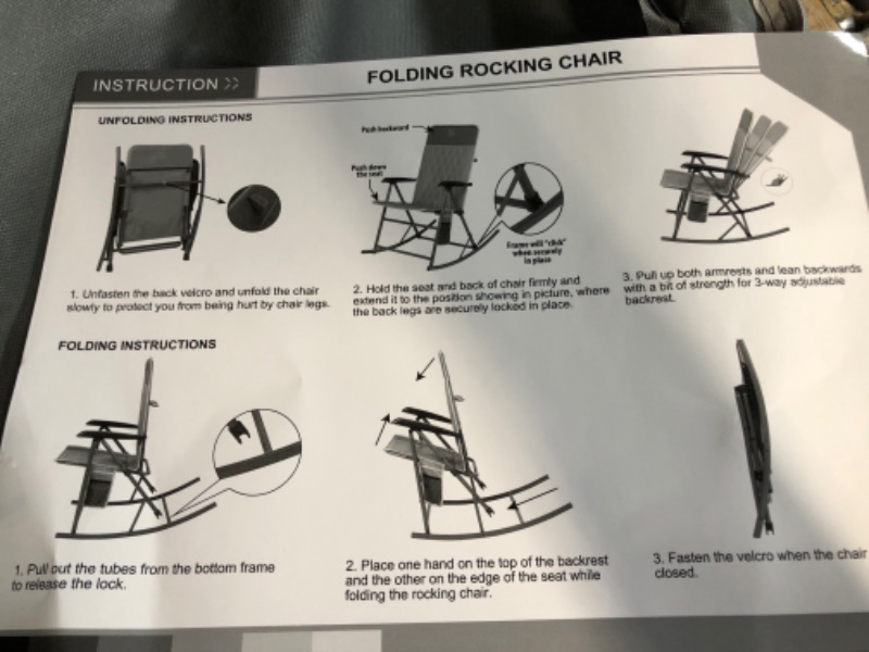 Photo 3 of [READ NOTES]
TIMBER RIDGE Portable High Back Rocker Chair with Adjustable Armrest and Side Pocket, Support up to 300 lbs, Grey