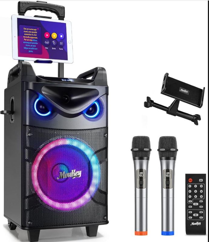 Photo 1 of Moukey Karaoke Machine, 10" Woofer Portable PA System, Bluetooth Speaker with 2 Wireless Microphones, Lyrics Display Tablet Holder, Party Lights &...