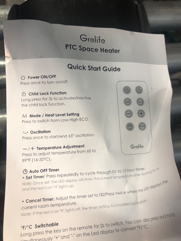 Photo 2 of Grelife 1500W Space Heater with Adjustable Thermostat, 18" PTC Fast Heating Ceramic Heater, Widespread Oscillation