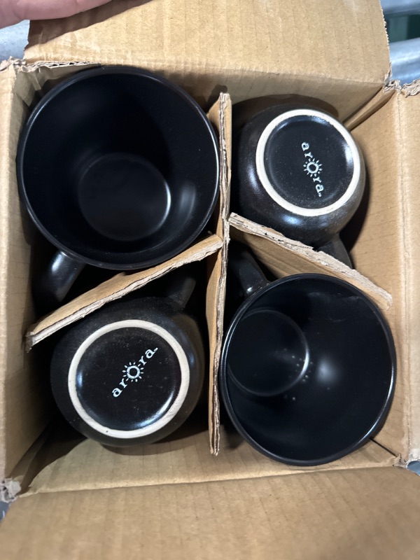 Photo 2 of (USED AND LARGER PLATES ARE BROKEN SO JUST CUPS AND SMALL PLATES) ARORA SKUGGA Round Stoneware 16pc Dinnerware Set of 4, Dinner Plates, Side Plates, Cereal Bowls, Mugs - Matte Black (472979) Round-Service for 4(16pcs) Black-Bowl/Mug