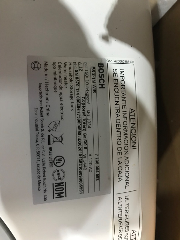 Photo 2 of ***USED - CORRODED - WIRES CUT - SEE PICTURES - UNABLE TO TEST***
Bosch Electric Mini-Tank Water Heater Tronic 3000 T 7-Gallon (ES8)