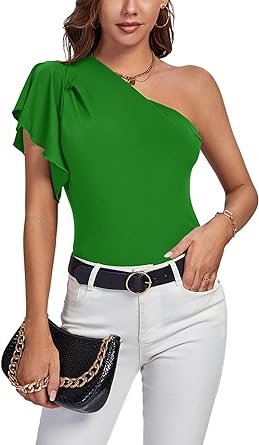 Photo 1 of Women's Summer Elegant One Shoulder Ruched Ruffle Short Sleeve Blouse Top