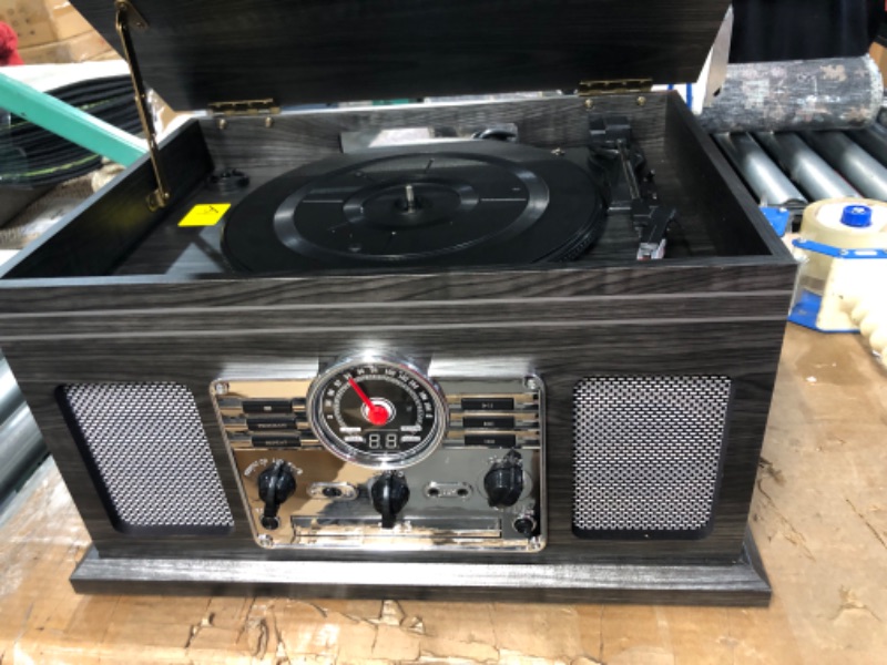 Photo 2 of Victrola Nostalgic 6-in-1 Bluetooth Record Player & Multimedia Center, Grey with Victrola Wooden Stand