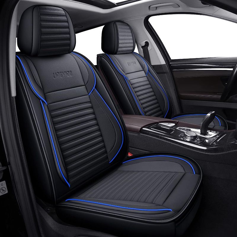 Photo 1 of AOOG Leather Car Seat Covers, Leatherette Automotive Vehicle Cushion Cover for Cars SUV Pick-up Truck, Universal Non-Slip Vehicle Cushion Cover Waterproof Protectors Interior Accessories, Front Pair FRONT PAIR BLACK&BLUE