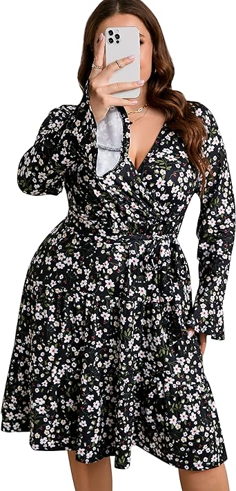 Photo 1 of * used * stock photo for reference only * 
KOJOOIN Women Plus Size V Neck Wrap Dress High Waist Ruffle Long Sleeve Casual Midi Dress with Belt X-Large