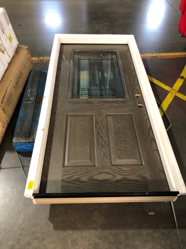 Photo 2 of **GLASS DECORATION CRACKED**
Feather River Doors Preston 36 in. x 80 in. Left Hand Inswing Half Lite Decorative Glass Oak Stained Ash Fiberglass Prehung Front Door