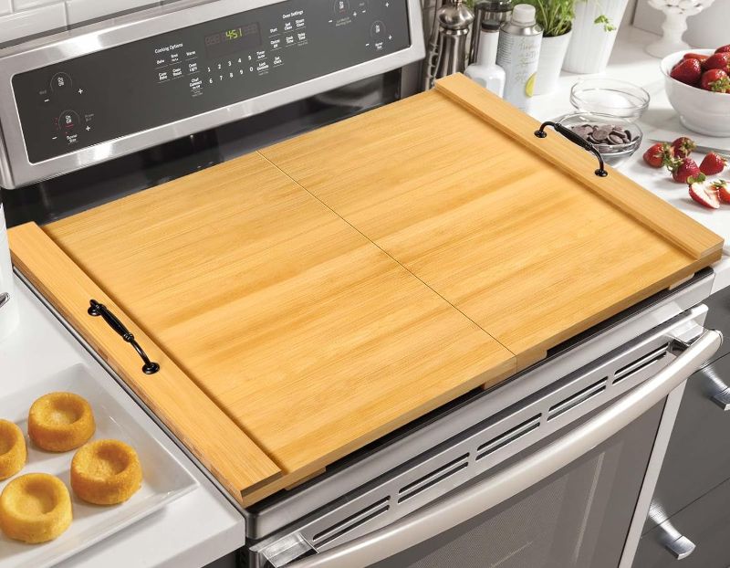 Photo 1 of ***USED MISSING HANDLES, CRACKED***
30 x 22 inch Extra Large Bamboo Collapsible Noodle Board Stove Cover, Large Charcuterie Board, Counter Space Top Covers for Electric Stoves & Sink Farmhouse Rustic Decorative Tray for Kitchen
