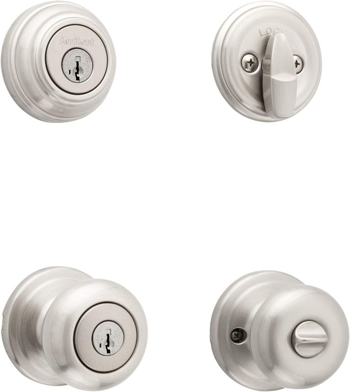 Photo 1 of ***STOCK PHOTO REFERENCE ONLY*** Kwikset Juno Keyed Entry Door Knob and Single Cylinder Deadbolt Combo Pack with Microban Antimicrobial Protection Featuring SmartKey Security in Satin Nickel
