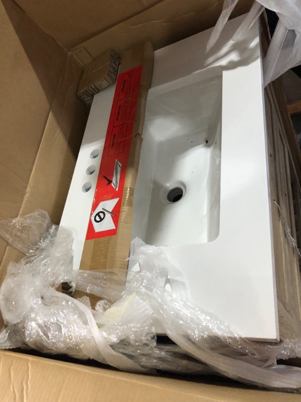 Photo 2 of ***DAMAGED - SINK CRACKED - MISSING HARDWARE - SEE PICTURES - UNABLE TO VERIFY FUNCTIONALITY***
Autumn 30 in. W x 19 in. D x 34 in. H Single Sink Bath Vanity in Weathered Tan with White Engineered Stone Top