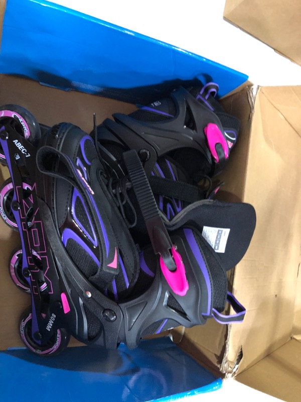 Photo 3 of 2PM SPORTS Vinal Girls Adjustable Flashing Inline Skates, All Wheels Light Up, Fun Illuminating Skates for Kids and Men- Azure Small (1Y-4Y US) Violet & Magenta Large - Youth (4-7 US)