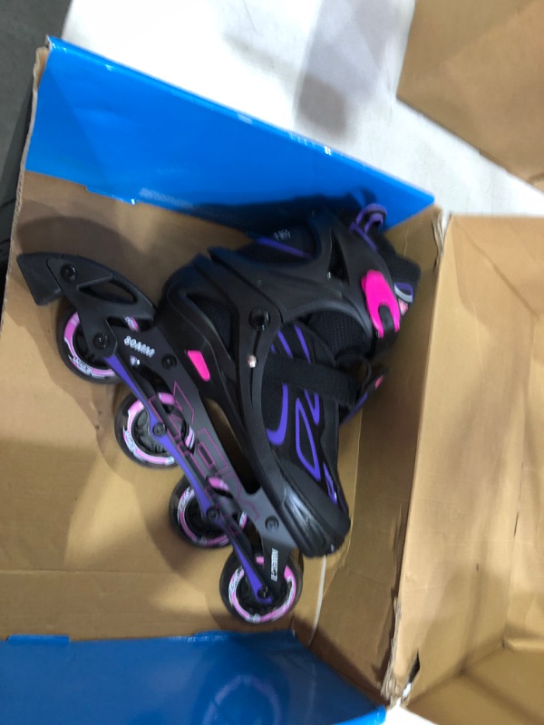 Photo 2 of 2PM SPORTS Vinal Girls Adjustable Flashing Inline Skates, All Wheels Light Up, Fun Illuminating Skates for Kids and Men- Azure Small (1Y-4Y US) Violet & Magenta Large - Youth (4-7 US)