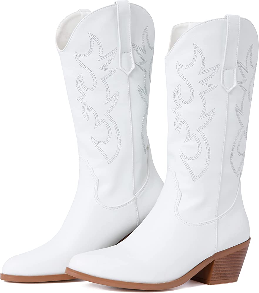 Photo 1 of Embroidered Western Style Chunky Heel Pointed Toe Midcalf Cowgirl Boot (EU Size 41)