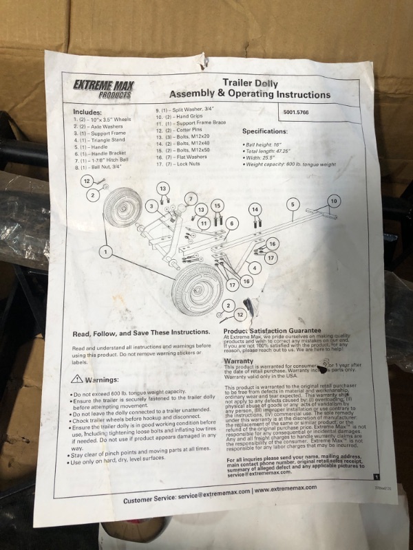 Photo 2 of ***MISSING COMPONENTS***  Extreme Max 5001.5766 Trailer Dolly - 600 lbs.