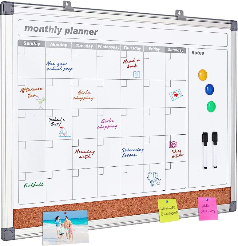 Photo 1 of MAKELLO Monthly Dry Erase Calendar Whiteboard Cork Board Combo for Office, Classroom, Kitchen and Bedroom, 36x24 inches 90X60cm 3 in 1