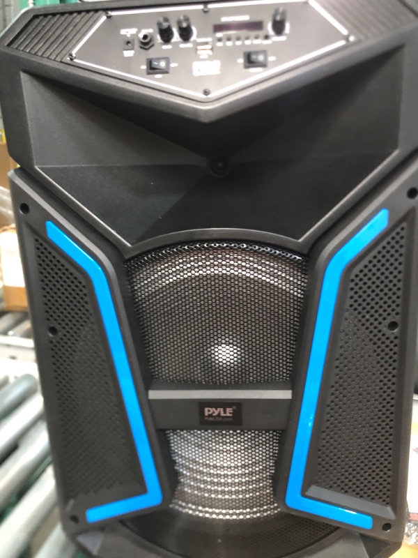 Photo 6 of ++Tested & Works see photo++   PYLE Portable Bluetooth PA Speaker System - 1200W Outdoor Bluetooth Speaker Portable PA System w/ Microphone In, Party Lights, MP3/USB SD Card Reader FM Radio, Rolling Wheels - Mic, Remote PPHP152SM