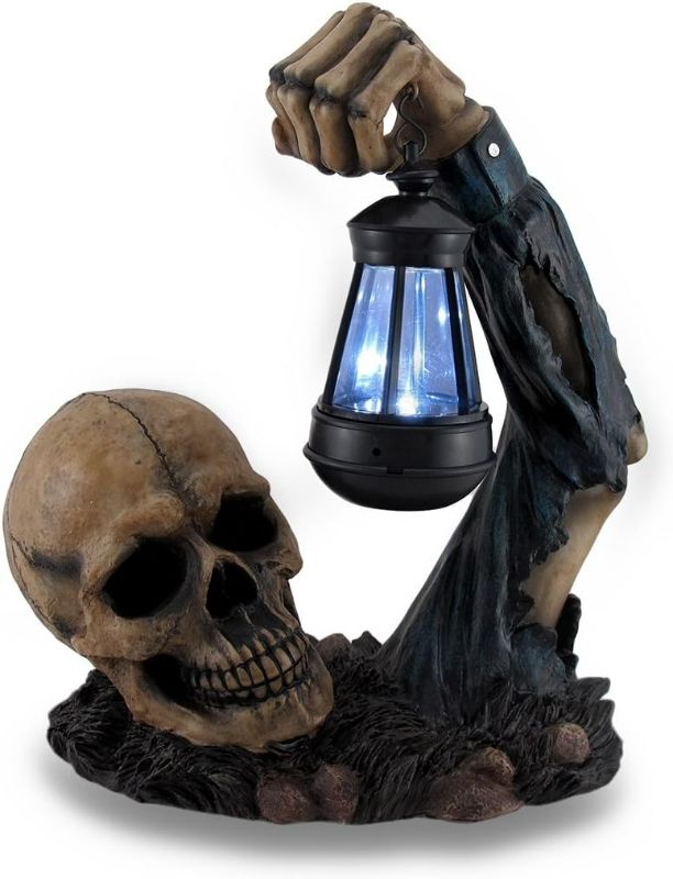 Photo 1 of *SEE NOTES* Resin Outdoor Figurine Lights Hh39829 Sinister Skull Holding Led Solar Lantern Outdoor Decoration 1