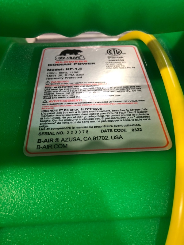 Photo 2 of **USED BUT APPEARS NEW**B-AIR Kodiak 1.5 HP ETL Bounce House Blower, Green