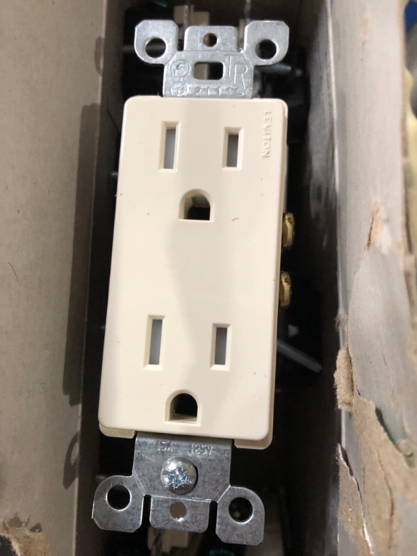 Photo 3 of (10x) Leviton T5325-TMP 15 Amp 125V Tamper Resistant Decora Duplex Receptacle - Light Almond Tamper Resistant