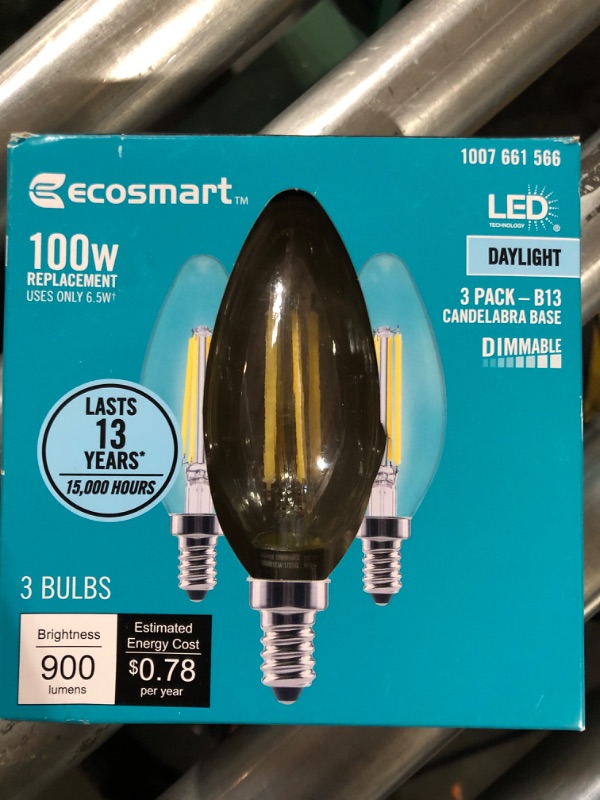 Photo 2 of 100-Watt Equivalent B13 Dimmable Blunt Tip Clear Glass Candelabra Base LED Vintage Edison Light Bulb Daylight (3-Pack)