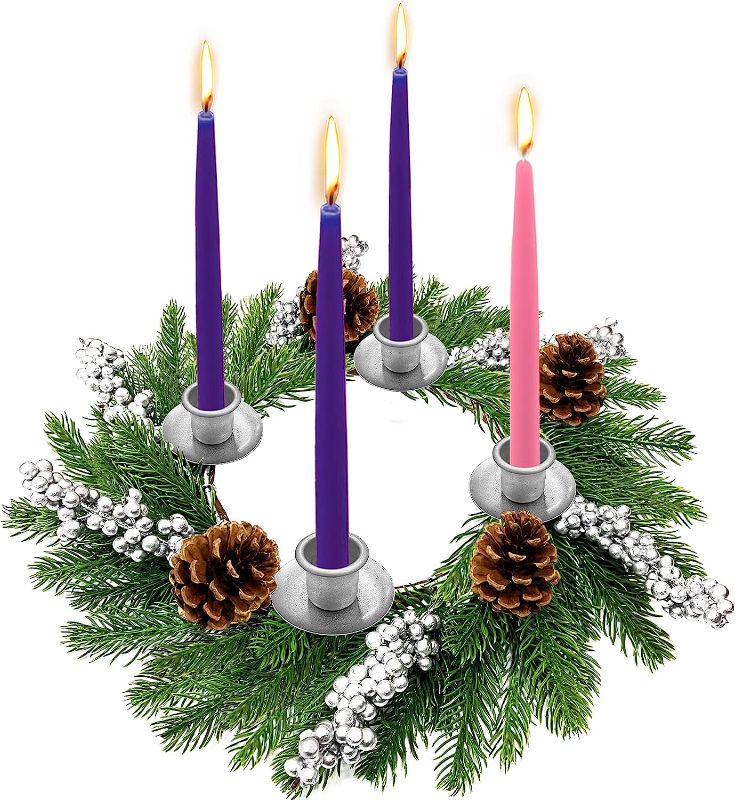 Photo 1 of [Safety Fire Retardant] Christmas Silver Advent Wreath Decoration, Realistic Spruce Christmas Centerpiece with 4 Candle Holder Pinecone 6 Berry Advent Decor for Table Holiday Home Church (No Candles) Sliver