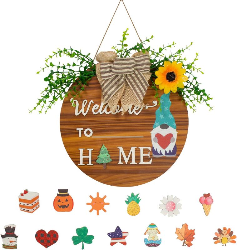 Photo 1 of [See Notes] MOWTIN Interchangeable Welcome Home Sign 12 Inch Round Wood Wreath Door Decorations with 14 pcs 